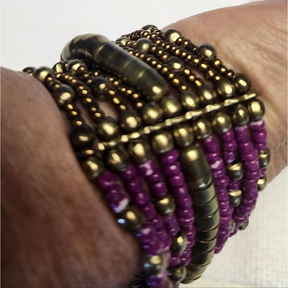 Purple, Pink, Cream, and Gold Beaded Stetch Bracelet - Picture 4 of 5